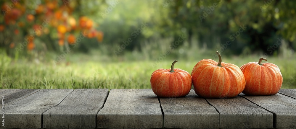 Poster pumpkins on an outdoor wooden table. with copy space image. place for adding text or design