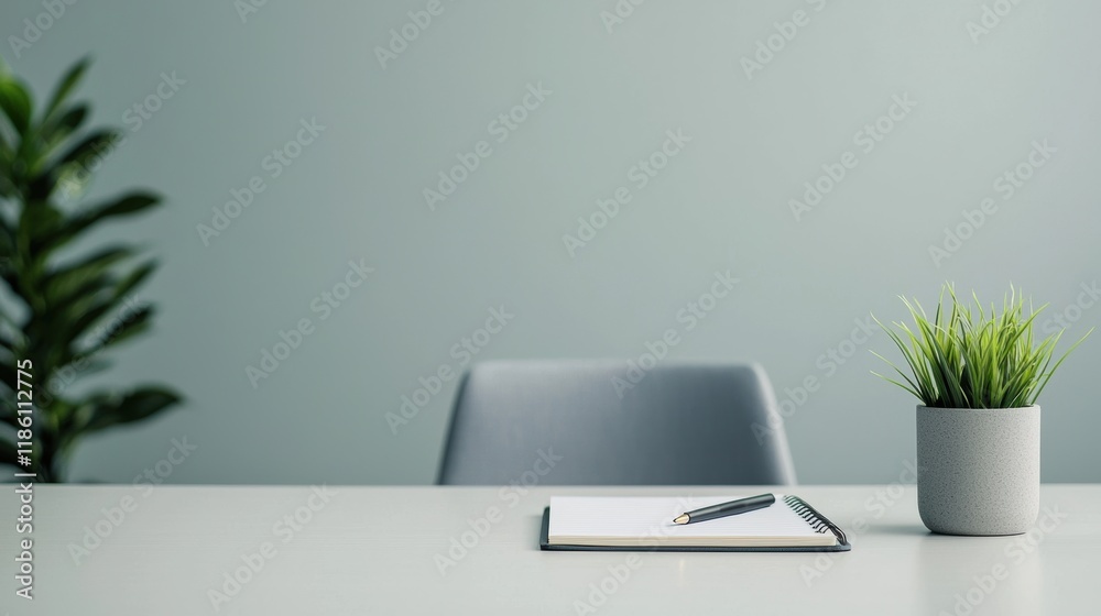 Poster Modern workspace featuring open notebook and pen, promoting productivity