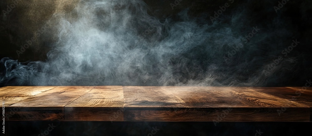 Poster empty wooden table with smoke rising against a dark background. with copy space image. Place for adding text or design