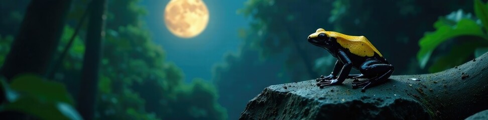 Fototapeta premium A yellow black poison dart frog perches on a flat rock in the rainforest under a full moon, rainforest landscape, wildlife photography, nature at night