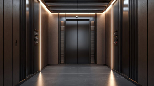 Realistic elevator cabin with closed, open doors inside view. Empty lift interior with chrome metal buttons and digital panel, office, hotel or dwelling indoors transportation 3d vector illustration