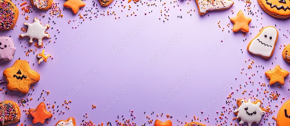 Aufkleber frame constructed from various delicious cookies and sprinkles for a halloween celebration on a purp