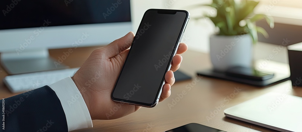 Poster mockup image of a cell phone screen a man s hand is holding and texting on a mobile device at a desk