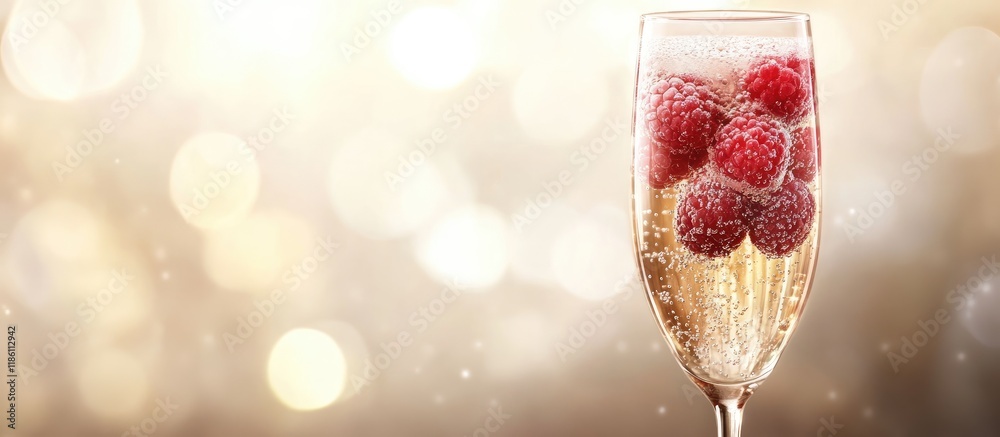 Aufkleber Champagne glass with berries set against a softly blurred light background. with copy space image. Place for adding text or design