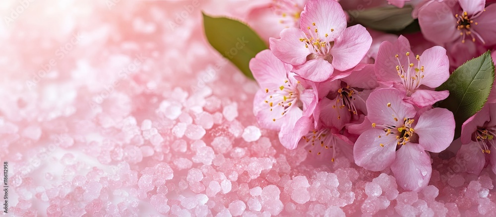 Poster pink blossoms and bath salts. with copy space image. place for adding text or design