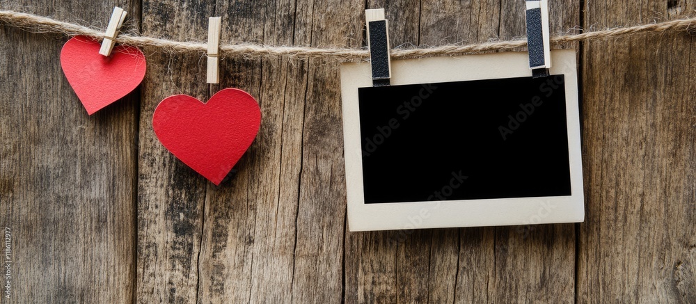 Poster instant photo and paper heart hanging on a clothesline with no words against an old wood backdrop. w