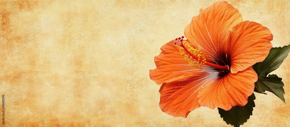 Fototapete textured stylish vintage paper background square featuring a large orange hibiscus. with copy space 