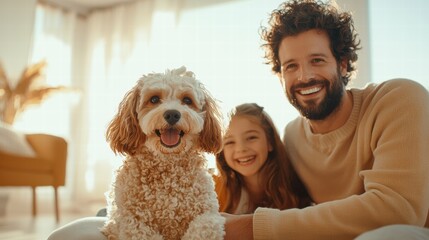 Fototapeta na wymiar Happy Family Moment with Parents and Kids Relaxing Together with Their Adorable Dog at Home