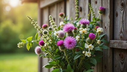 Rustic bouquet of thistle and ivy against wooden barn door, natural beauty