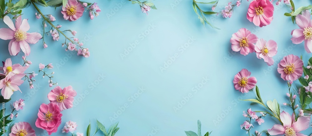 Fototapete summer blooms on blue backdrop. with copy space image. place for adding text or design