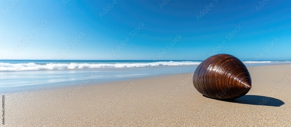 Poster a large dark brown cowry shell rests on its side on the sandy beach at the pacific ocean s edge with