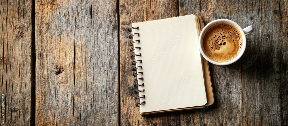 Aufkleber empty notebook with a cup of coffee on a weathered wooden table. with copy space image. Place for adding text or design