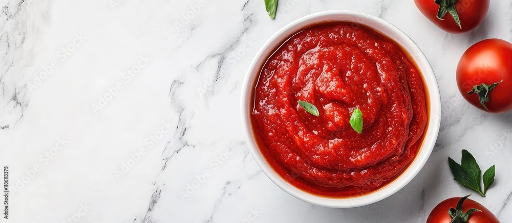 Aufkleber Homemade tomato paste in a white bowl top view. with copy space image. Place for adding text or design