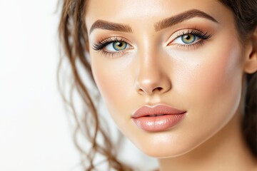 Fototapeta premium Portrait of a woman with glowing skin and flawless makeup, featuring her captivating green eyes, soft lips, on a white background. Beauty concept. Ai generative