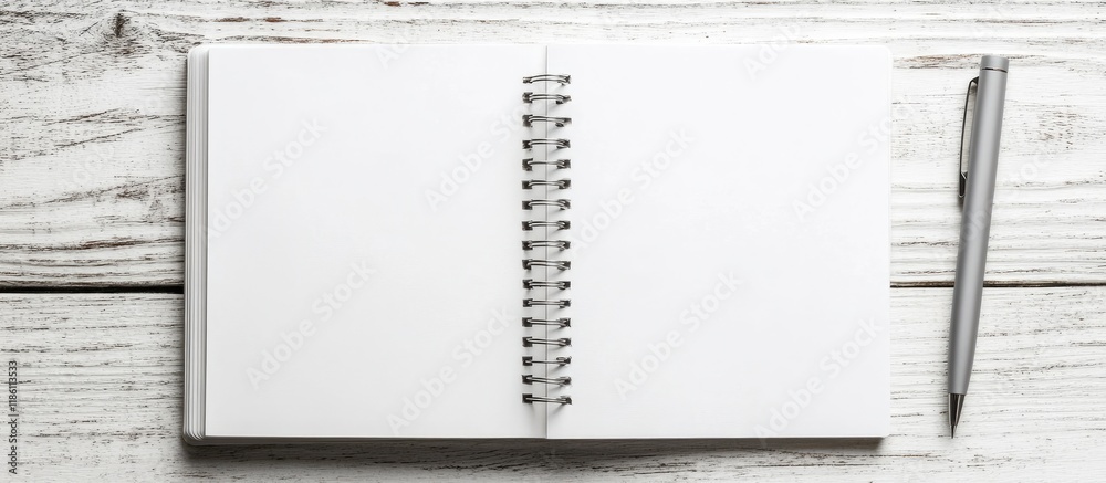 Poster open a blank notepad with a spiral and a gray pen on a white wooden surface top view copyspace