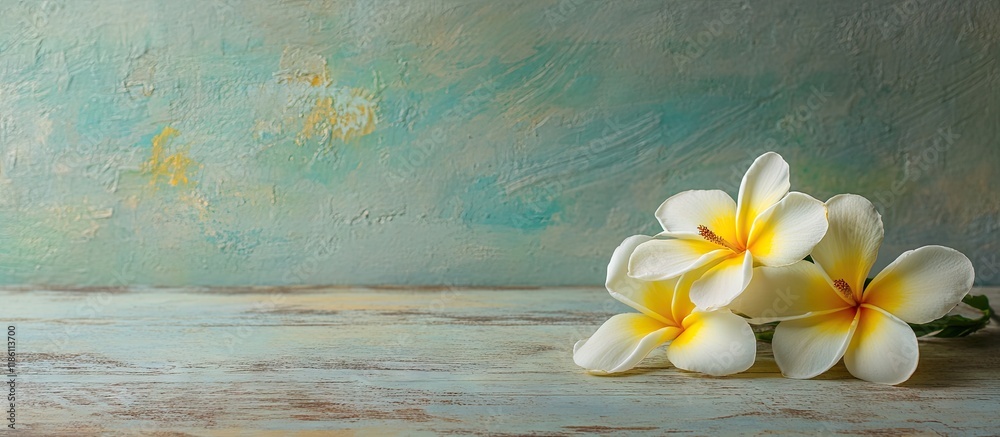 Aufkleber plumeria flowers placed on the vintage style old table. with copy space image. place for adding text