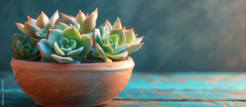Poster small succulent plants in a clay pot. with copy space image. place for adding text or design