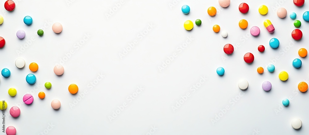 Poster multicolored pills on a white background background with copyspace