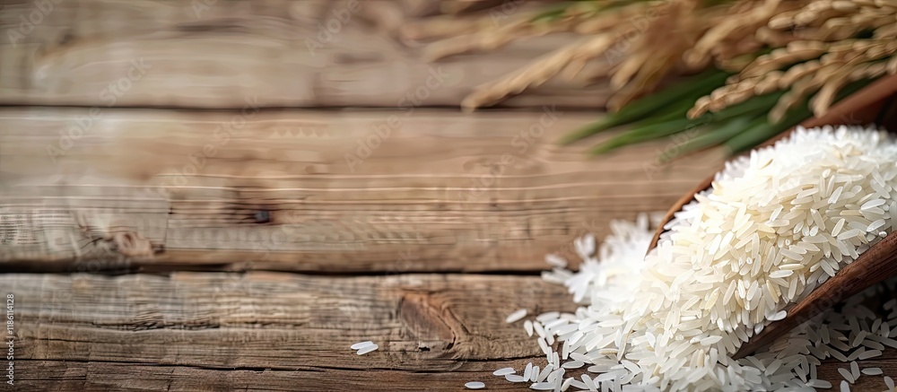 Poster Fresh rice on a wooden table background Image Selective focus copy space