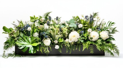 White flowers, green foliage, long box arrangement, studio backdrop, event decor