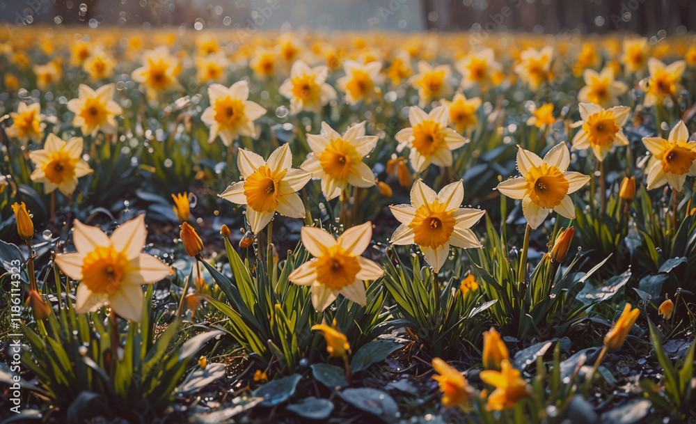 Aufkleber field of yellow flowers with some raindrops on them. there are many flowers in the field
