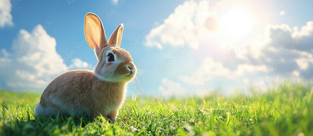 Aufkleber Adorable brown rabbit on grass with a sky backdrop. with copy space image. Place for adding text or design