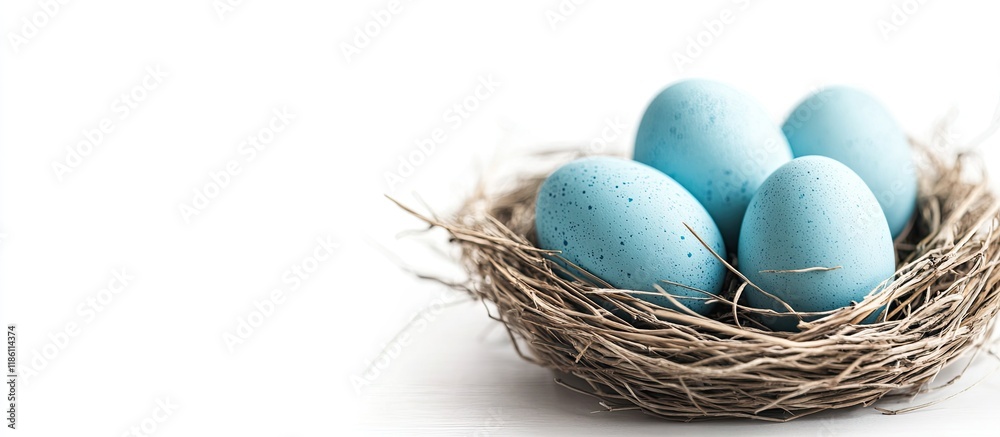 Aufkleber Blue Easter eggs in a nest on a white background. with copy space image. Place for adding text or design