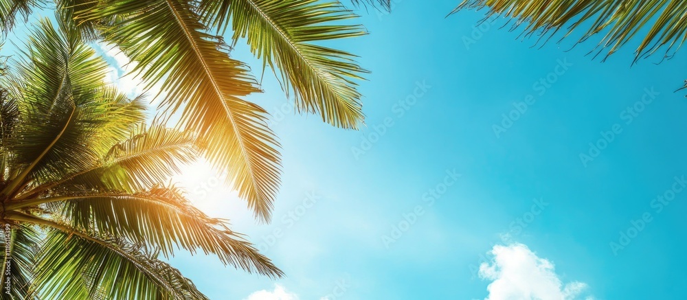 Leinwandbilder upward angle view of coconut leaves against a fresh blue sky background at the beach. with copy spac