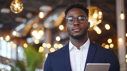 Confident Young Entrepreneur in Business Attire with Tablet in Modern Bright Environment