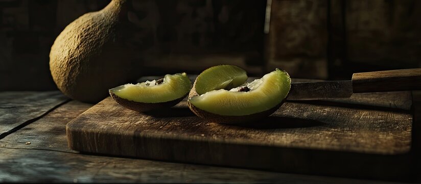 Chilean Hass Paltas close up of a wooden cutting board featuring a halved Hass palta sliced palta and a small wooden handled knife set against a dark table and background. with copy space image
