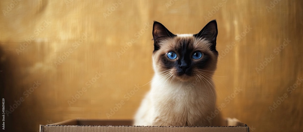 Poster Pet adoption concept Siamese cat sitting in front of a cardboard box sandy colored background with a forlorn look and blue eyes. with copy space image. Place for adding text or design