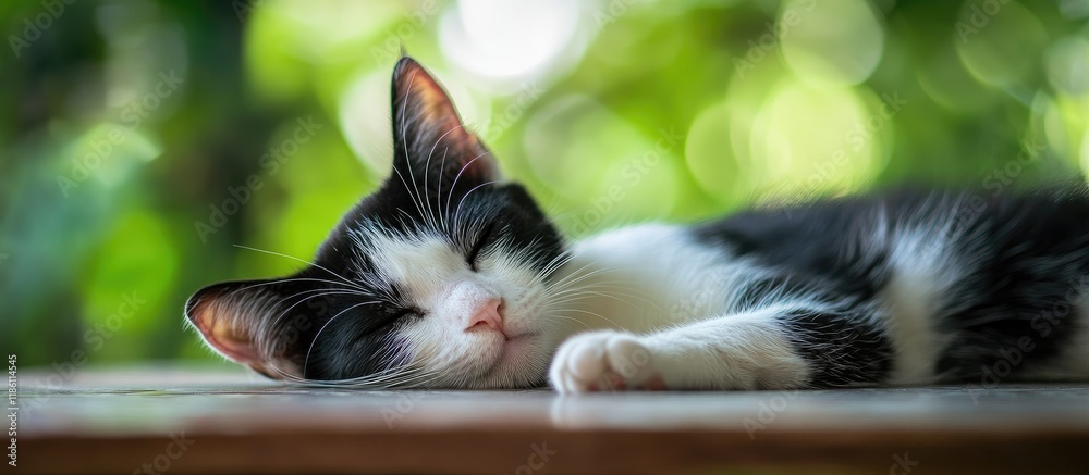 Poster close up of a black and white cat relaxing on a table with green nature providing copy space for tex