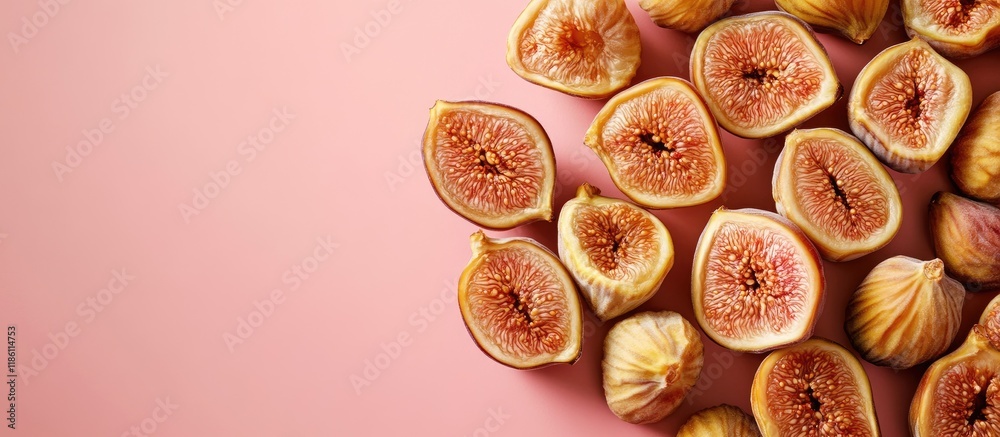 Fototapete Scoop of dried figs on a colored background top view with space for text Nutritious fruit. with copy space image. Place for adding text or design