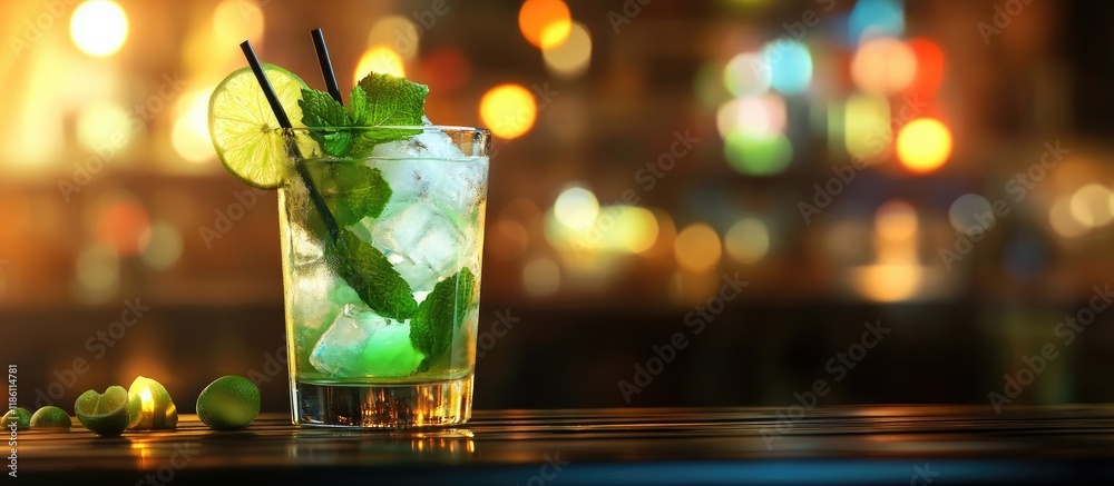 Poster Mojito cocktail with a blurred club background. with copy space image. Place for adding text or design