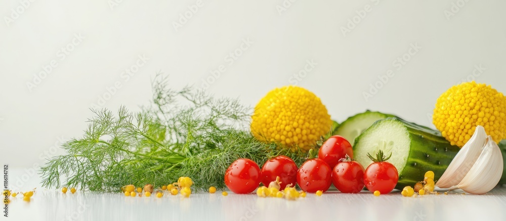Fototapete yellow dill umbrellas two garlic bulbs three red cherry tomatoes and a green cucumber on a white bac