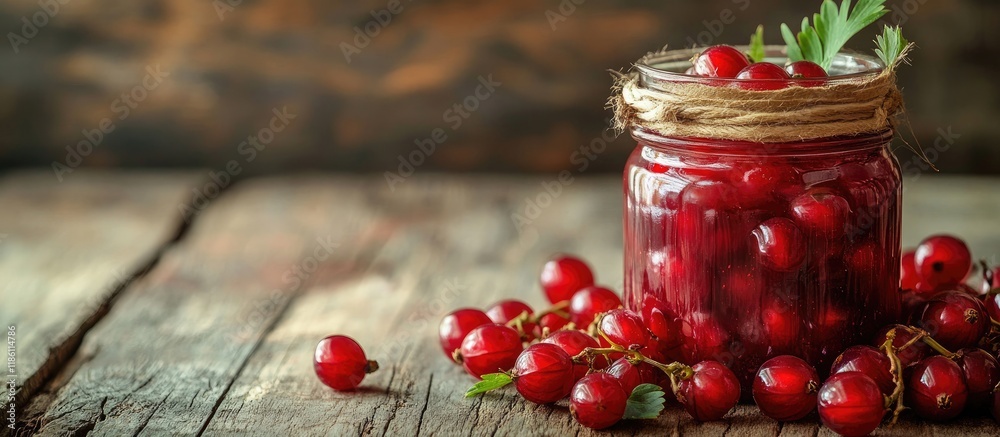 Aufkleber red gooseberries in a glass jar on aged wooden background berry canning intending to make gooseberry