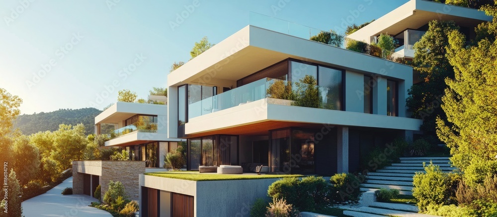 Poster contemporary luxury apartment complex featuring large terraces. with copy space image. place for add