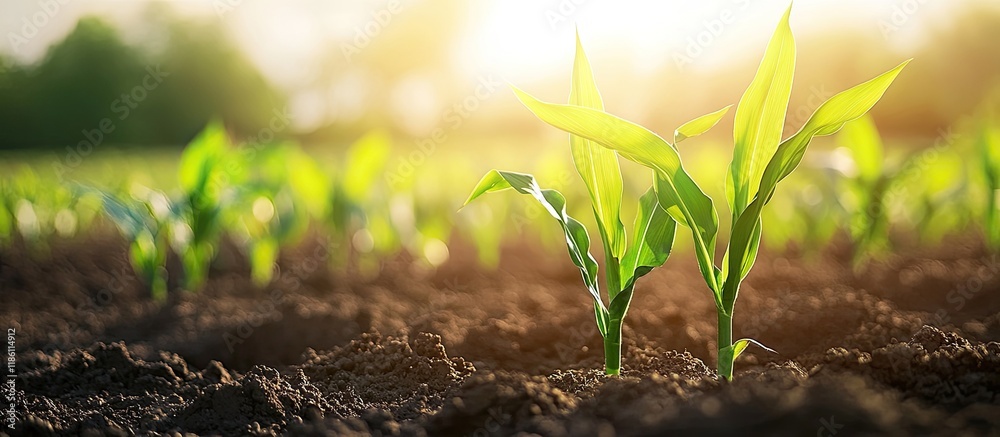 Poster Young corn plants are growing in the field on a sunny day with selective focus. with copy space image. Place for adding text or design