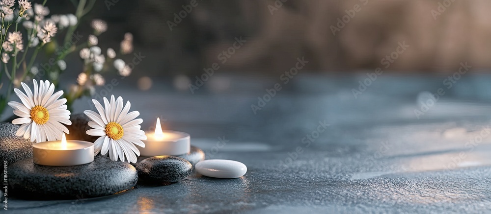 Poster spa decor featuring candles daisies and spa stones. with copy space image. place for adding text or 