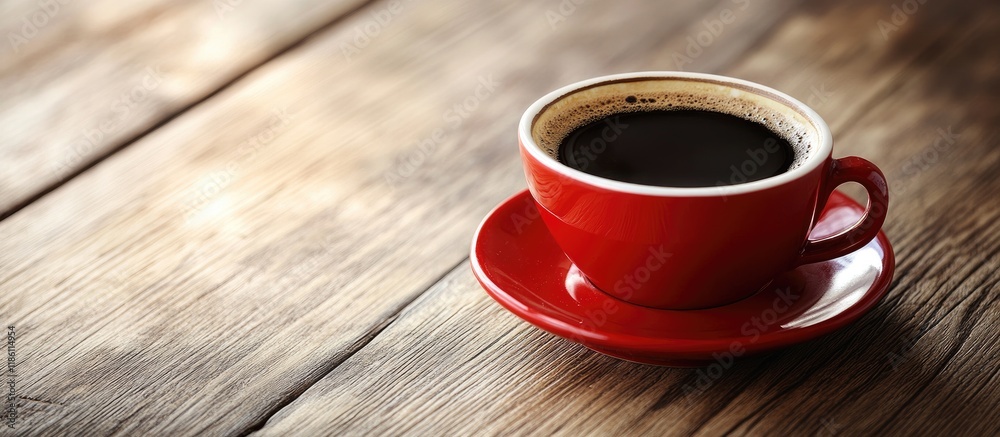 Poster a red cup of black americano coffee on a saucer positioned at the edge of a wooden table in a cafe w