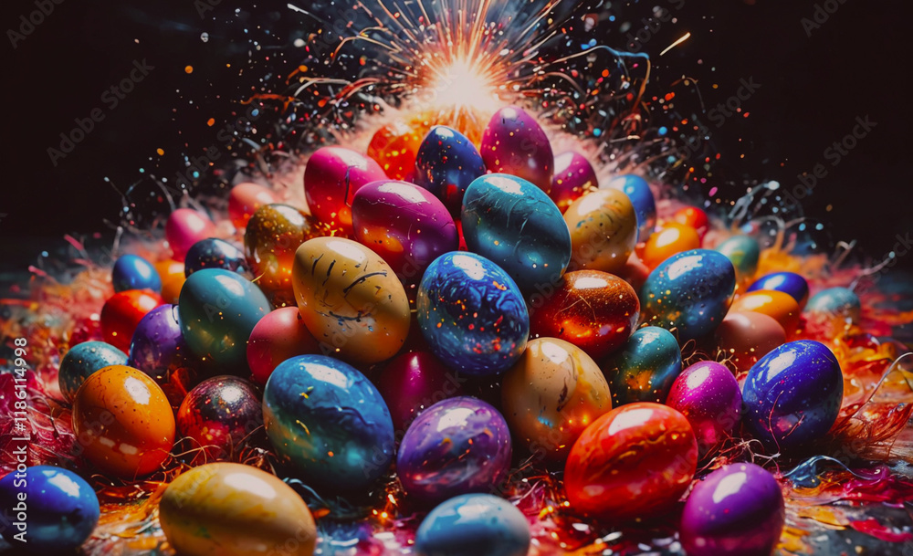 Poster pile of colorful eggs. some are blue, some are yellow, and some are red. they are all different size