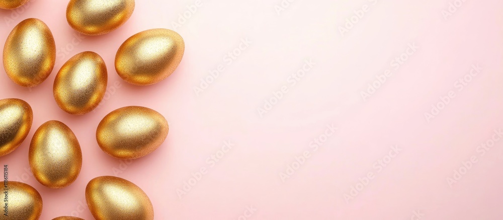 Leinwandbilder Easter backdrop Golden handmade decorated eggs for Easter on a pink background Minimalist Easter concept Flat lay of golden Easter eggs. with copy space image. Place for adding text or design