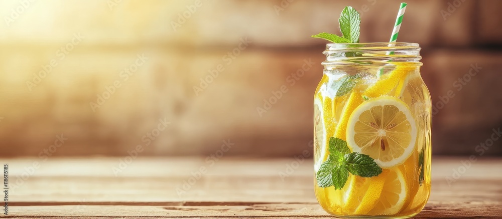 Poster refreshing ice cold water with lemon and mint served with a paper disposable straw lemonade in a gla