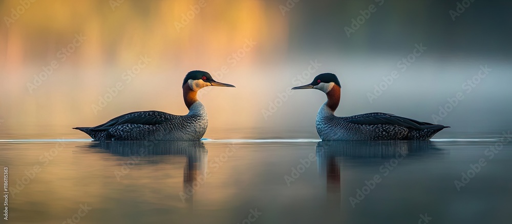 Aufkleber Two Red necked Grebes in a lake during spring. with copy space image. Place for adding text or design