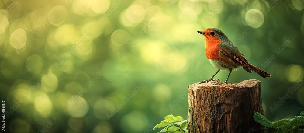 Poster A vibrant red Robin also known as Robin Redbreast perched on an aged brown tree stump set against a green blurry backdrop There is space above for copy and text
