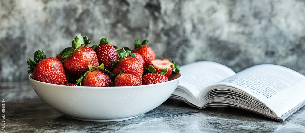 Poster bowl of fresh strawberries alongside a white recipe book. with copy space image. place for adding te