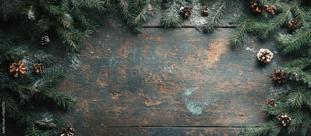 Poster christmas tree scattered on aged wood tinted. with copy space image. place for adding text or design