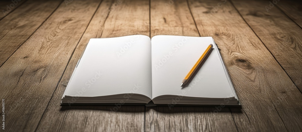 Poster Open notebook with a blank page and a pencil on a wooden floor in the background. with copy space image. Place for adding text or design