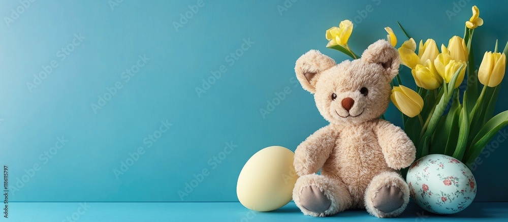 Poster Easter arrangement featuring an adorable teddy rabbit toy yellow tulips and a large egg against a blue background. with copy space image. Place for adding text or design