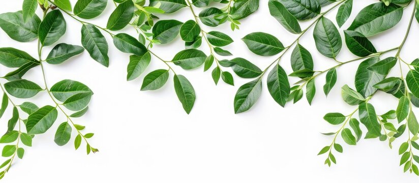 Fresh green leaves in full frame isolated against a white background Top and bottom images of the Azadirachta indica branch. with copy space image. Place for adding text or design
